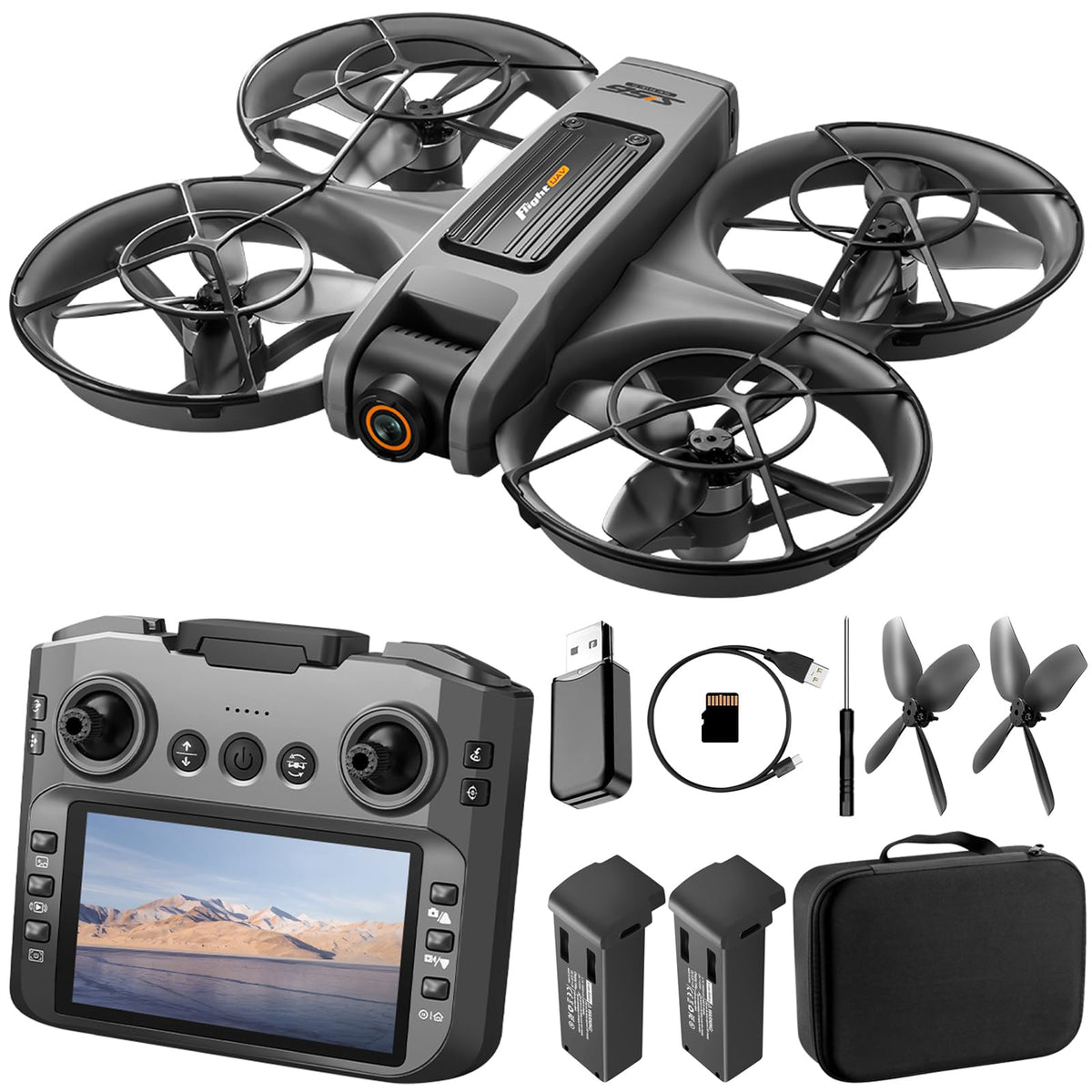 Drone with UHD Camera, Drone with Screen on Controller for Beginners, Remote Control Quadcopter with 2 Batteries, One Key Start, Easy to Fly, Altitude Hold, 3D Flips, Carrying Case （Dark Gray）
