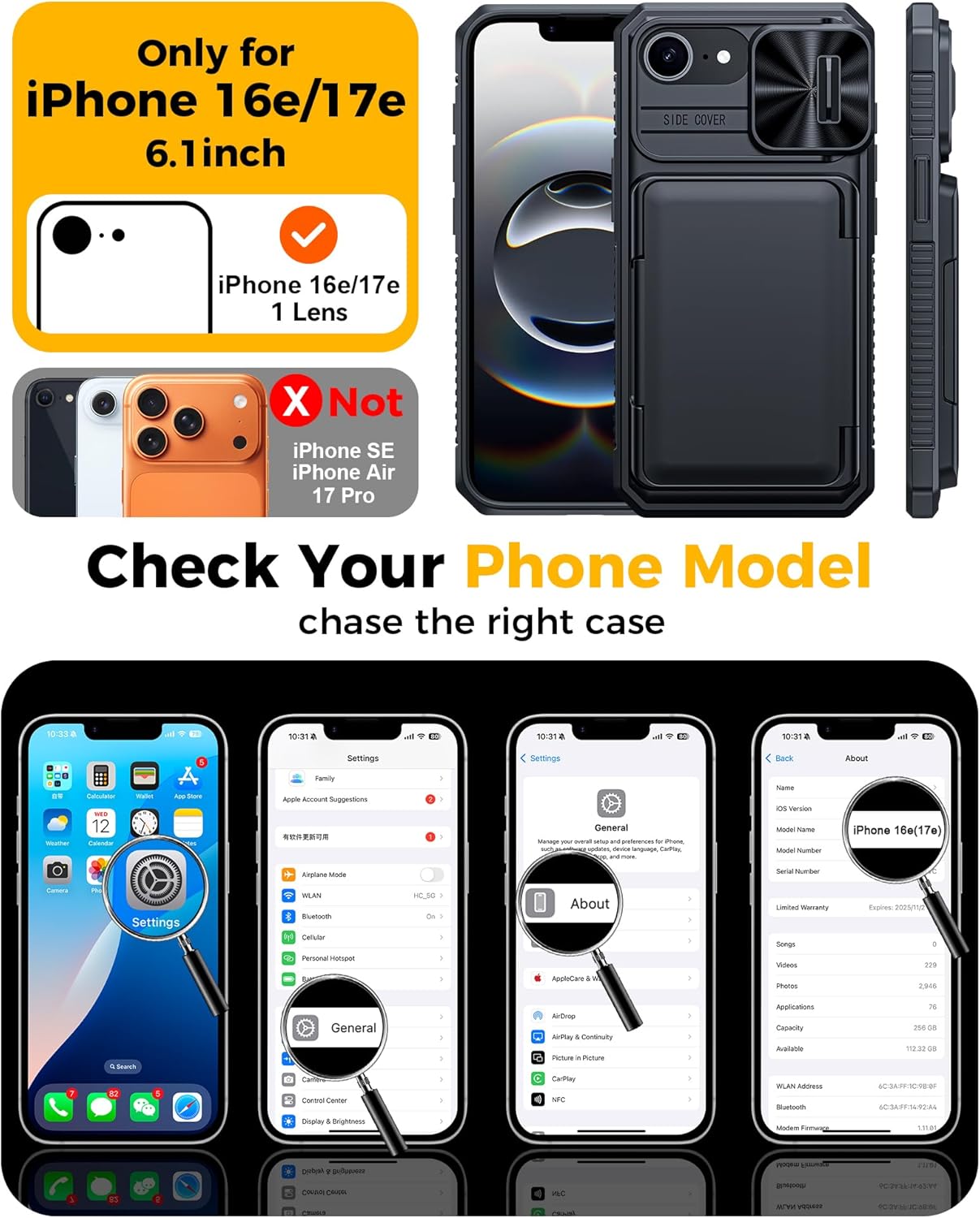 for iPhone 17e Case/iPhone 16e Case Wallet, Built-in Card Holder (4-5 Cards), RFID Blocking,Camera Control Button, Slide Camera Cover, Shockproof Rugged Phone Case for iPhone 17e/16e, Black