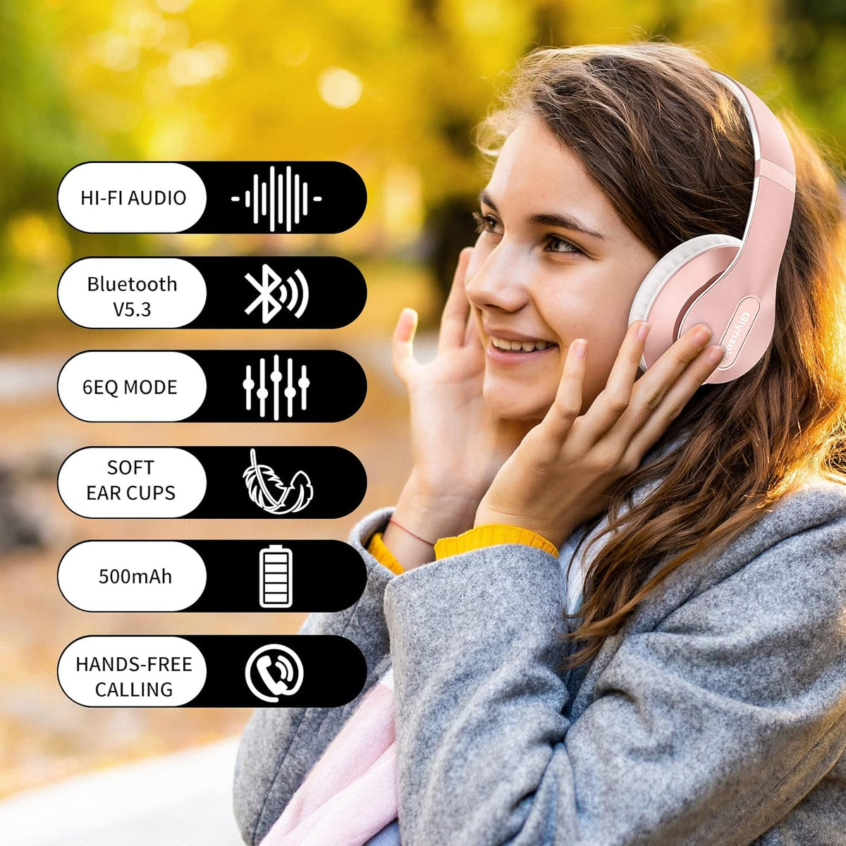 Glynzak Wireless Bluetooth Headphones Over Ear 65H Playtime HiFi Stereo Headset with Microphone and 6EQ Modes Foldable Bluetooth V5.3 Headphones for Travel Smartphone Computer Laptop Rose Gold