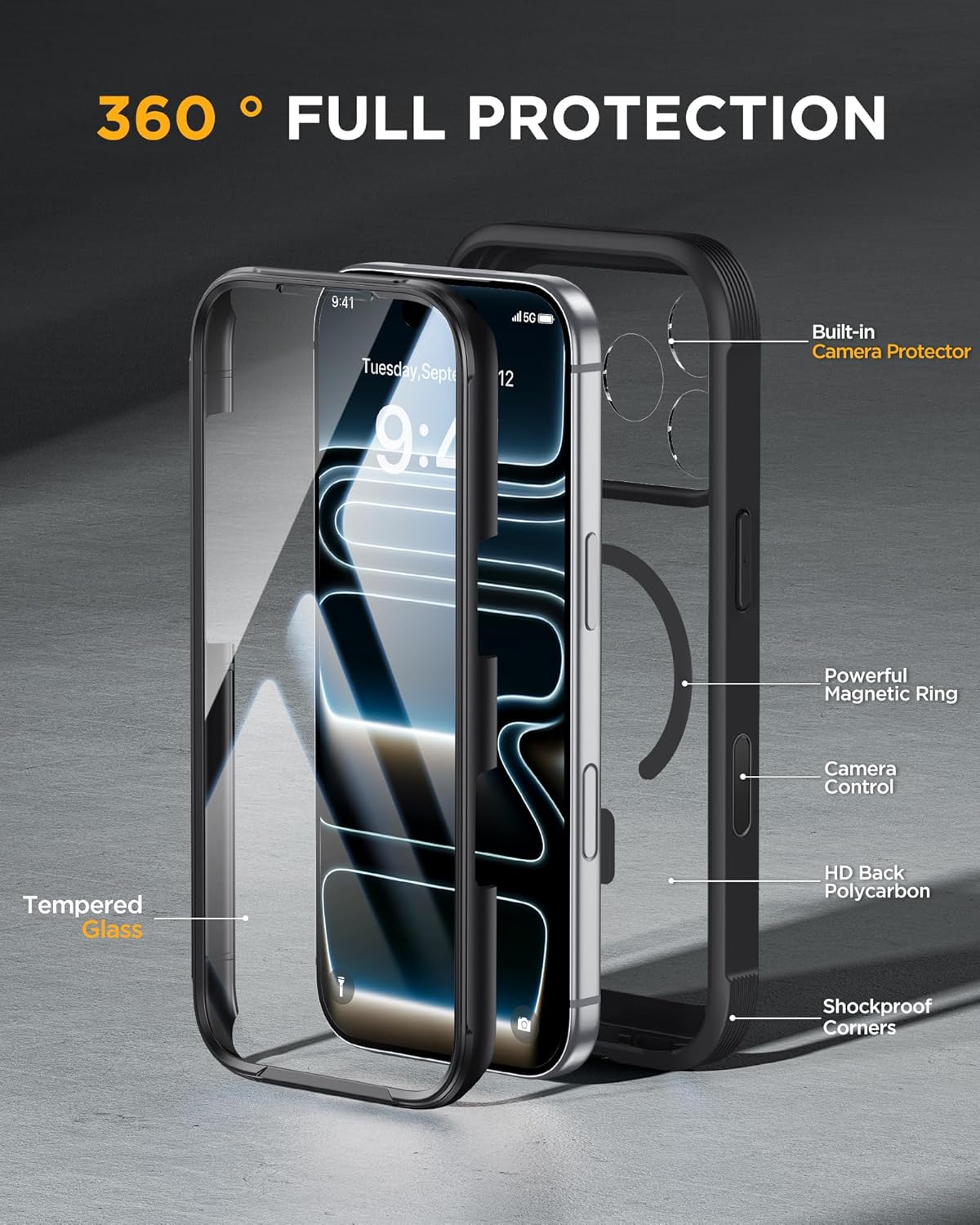 Miracase for iPhone 17 Pro Case 6.3", Full-Body Bumper Military Drop Protection Outdoor Phone Case with Built-in Glass Screen & Full Camera Protector,Camera Control,Compatible with MagSafe,Black