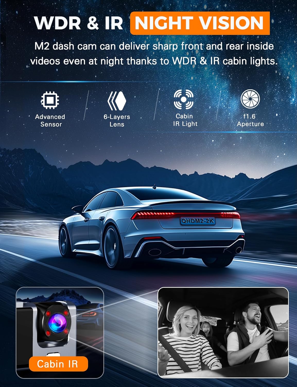 3 Channel WiFi Dash Cam Front and Rear Inside with 64GB SD Card, 2.5K+1080P+1080P Car Dash Camera for Cars Front and Rear, Dashcam with G-Sensor, Loop Recording, 24H Parking Mode, Support 512GB