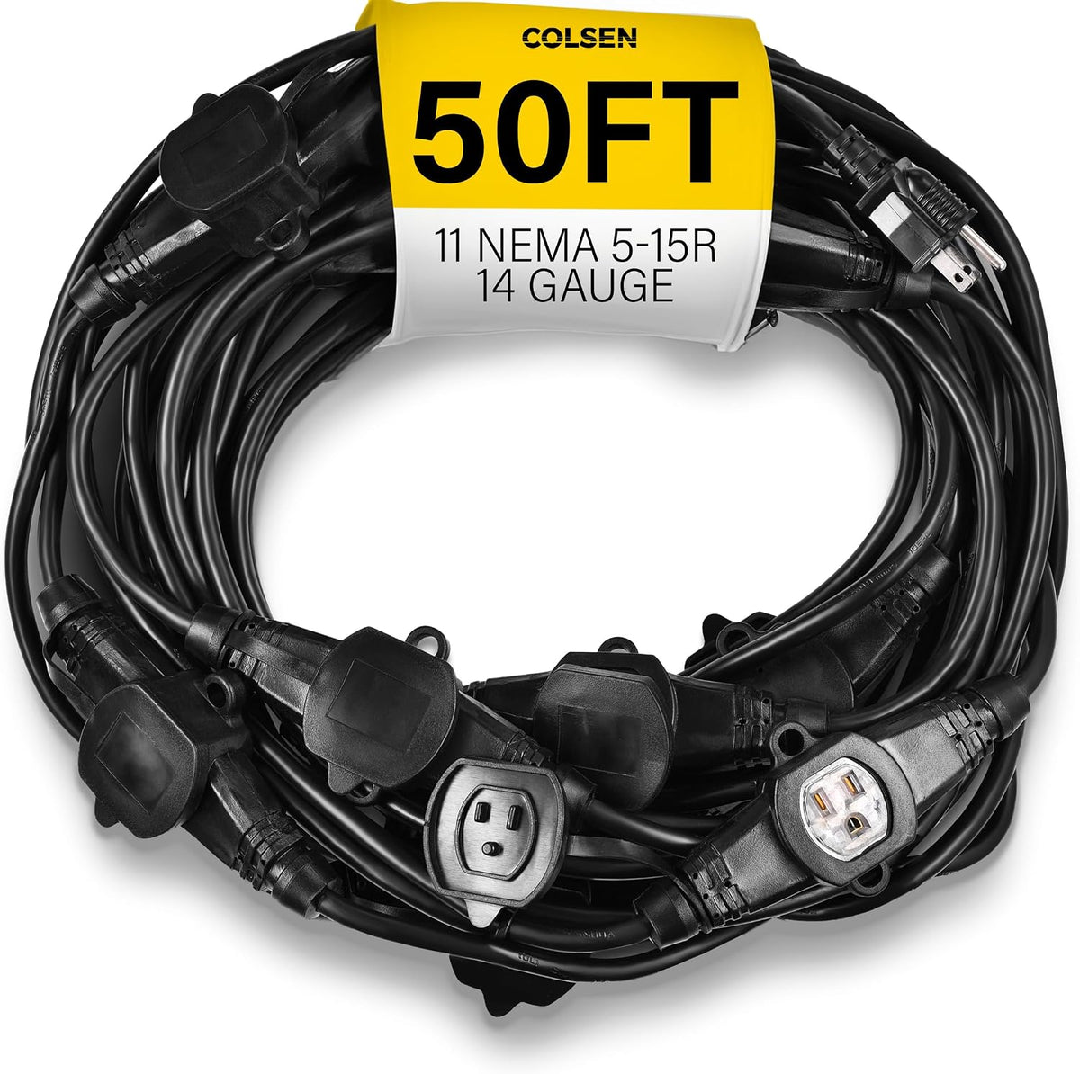 COLSEN Extension Cord with Multiple Outlets – 25 ft Heavy Duty 16 Gauge Power SJTW Cable, 15 Amp 3 Prong 6 NEMA Multi Plug, 16 AWG Male to Female Connector, 5-15R Female Socket, Outdoor/Indoor Black