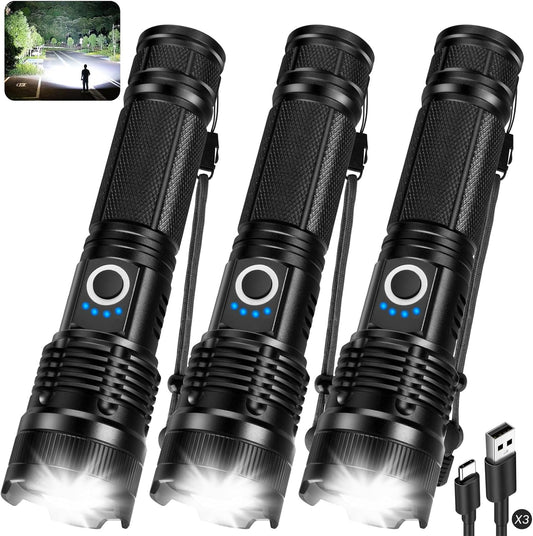 3 Pack Rechargeable Flashlights High Lumens, 990000LM Super Bright LED Flashlight, Adjustable Powerful Flash Light with 5 Modes & USB Cable, Waterproof Handheld Flashlight for Home Camping Outdoor