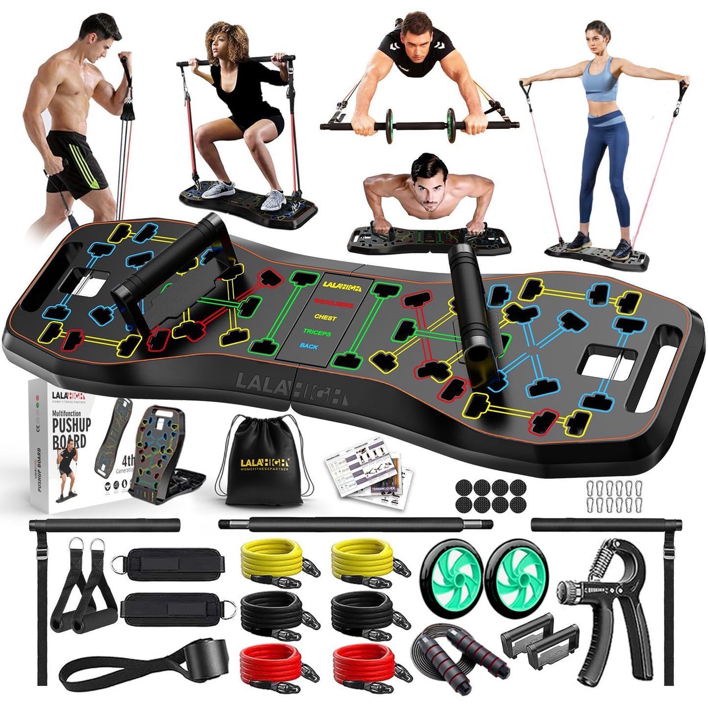 LALAHIGH Push Up Board,36 in 1 Home Gym Equipment with Ab Roller Wheel & Resistance Bands, Portable Foldable Workout Board for Full Body Strength Training Men Women,Gift for Boyfriend