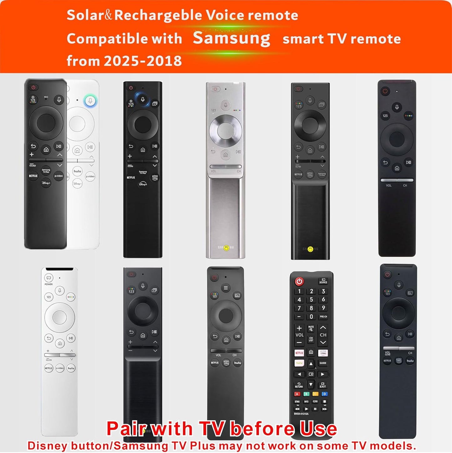 Replacement Solar TV Remote for Samsung Smart TV 2025-2019, Rechargeable Universal Samsung Remote, Fast Charging, Solarcell, Free USB C Cable, Voice, Bluetooth. 2-Year Warranty