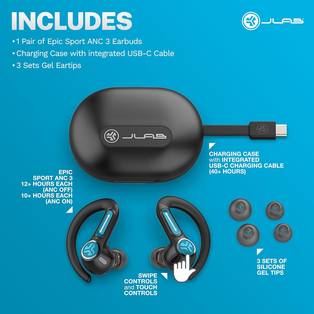JLab Epic Air Sport ANC 3 True Wireless Bluetooth Earbuds for Active Workout, Hybrid Dual Drivers for Premium Sound, Hi-Res Audio, Spatial Audio, AAC, Sweatproof, 12+ Hours Playtime, Google Fast Pair