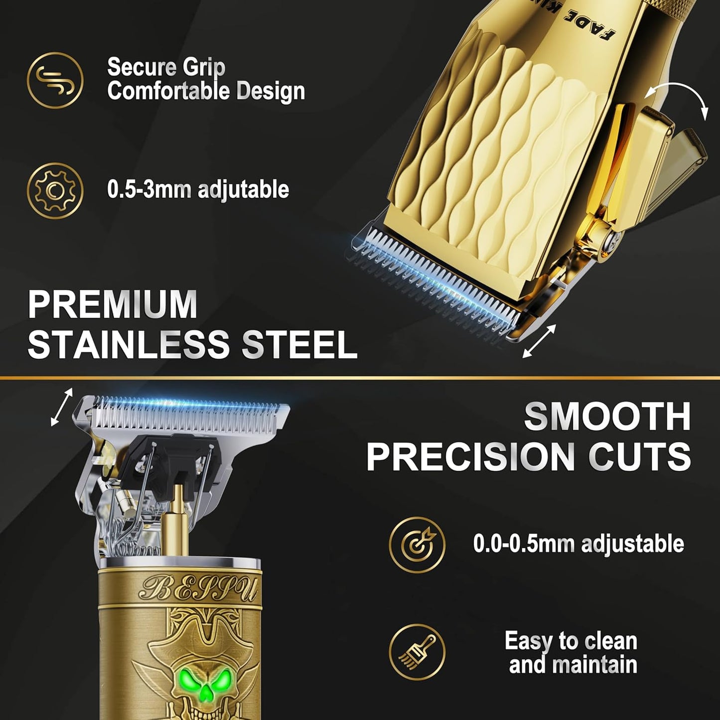 FADEKING Professional Hair Clippers & Beard Trimmer Set for Men – Cordless Barber Clippers with LCD Display, Precision Trimmer & Travel Case – Gifts for Men Husband Father (Gold + Bronze)