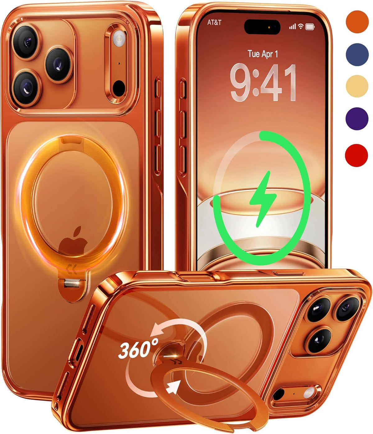 CASEKOO 360 Spin Magnetic Stand for iPhone 17 Pro Max Case [Fit for MagSafe][17FT Military Protection] Slim Hand-Polished Frame Titanium Alloy Sturdy Stand 6.9", Glossy Cosmic Orange