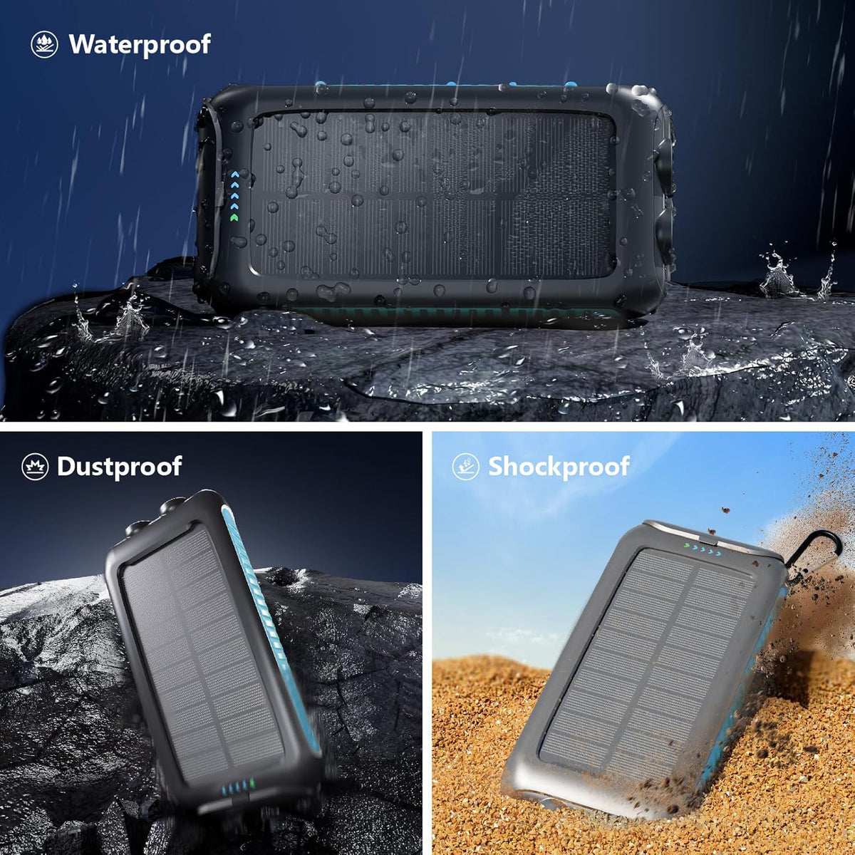 Solar Charger Power Bank 49800mAh Portable 15W Fast Charging Power Bank with QC3.0 USB-C & Dual USB-A Ports for Cell Phones, LED Flashlight, Carabiner, Waterproof Solar Panel for Camping, Outdoor