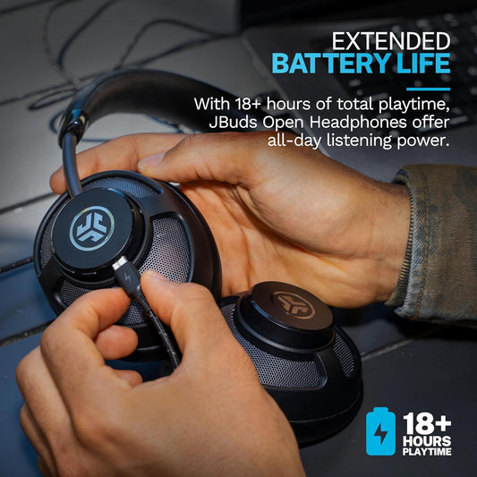 JLab JBuds Open Wireless Headphones, Black, Open-Back, Immersive Sound, Dual Coaxial 35mm + 12mm Drivers, Comfortable Breathable Open Fit, All Day Listening 24 Hour Playtime, Customize App
