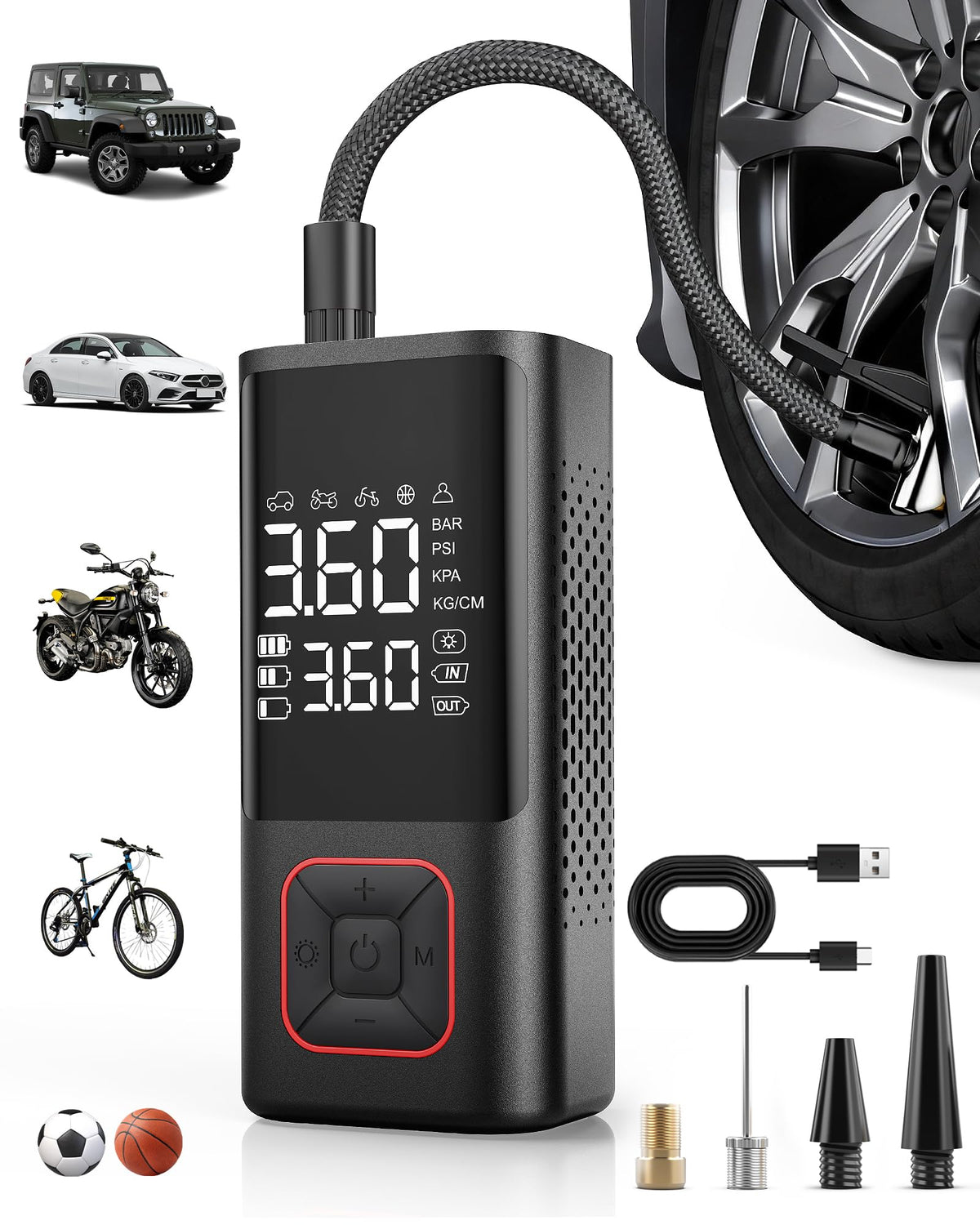 Powools Cordless Tire Inflator 150PSI Portable Air Compressor with Auto Shutoff, Air Pump for Car Tires, Motorcycle, Bike, Balls, Inflatables, LED Light, Red, Standard Capacity
