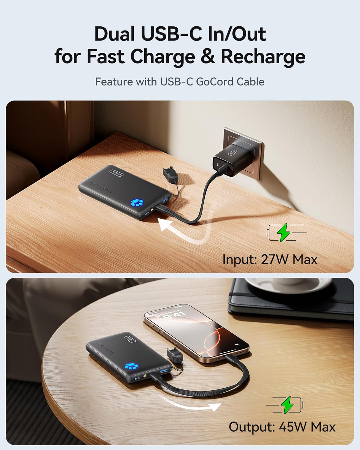 INIU Portable Charger, Ultra Slim 45W Fast Charging with Attached USB C Cable, Flight-Safe 10000mAh PD Power Bank Battery Pack, Travel Essential Phone Powerbank for iPhone 17 16 Samsung S25 Google etc