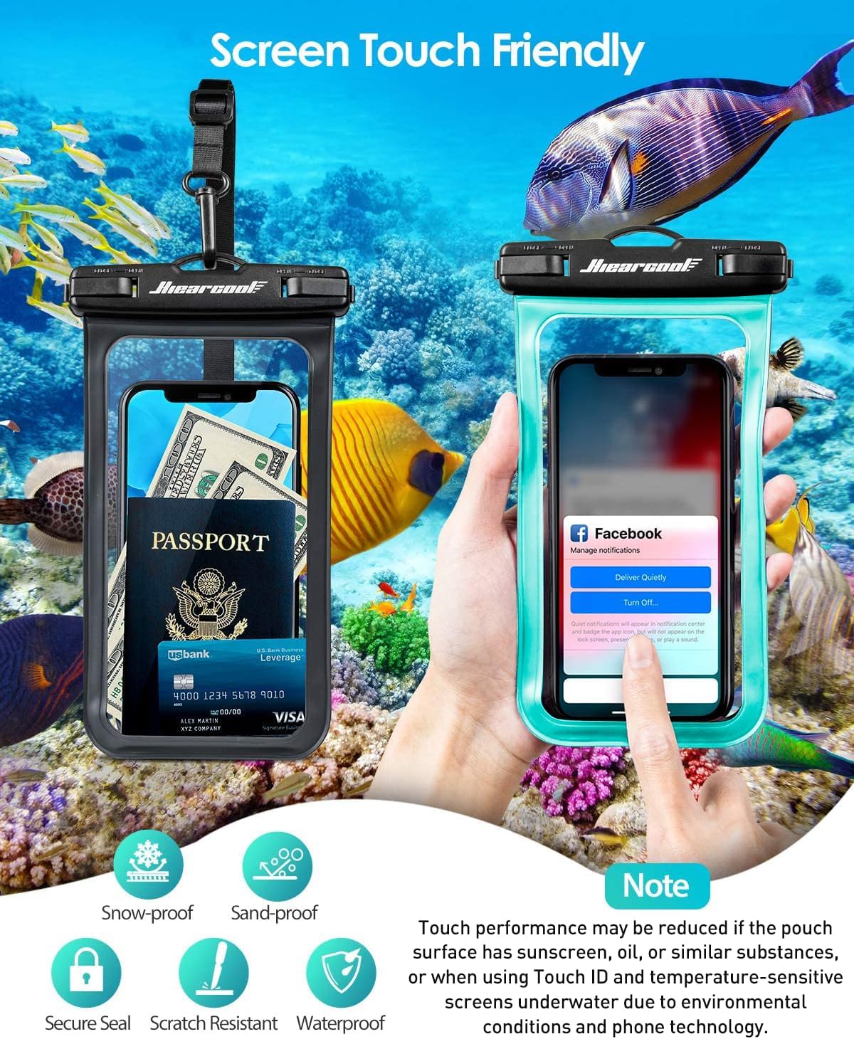 Hiearcool Waterproof Phone Pouch, IPX8 Waterproof Phone Case for iPhone 17/16/15/14 Pro Max, Cell Phone Dry Bag for Beach & Cruise Essentials, Touch Screen, Lanyard Included, 2 Pack (Fits Up to 8.3”)