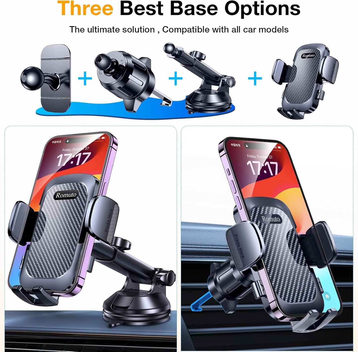 Romuto Phone Holders for Your Car Phone Holder Mount【Super Suction】 Cell Phone Mount for Car Accessories for Women Men Dashboard/Windshield/Vent Truck Stand Camera Mounts for iPhone Samsung