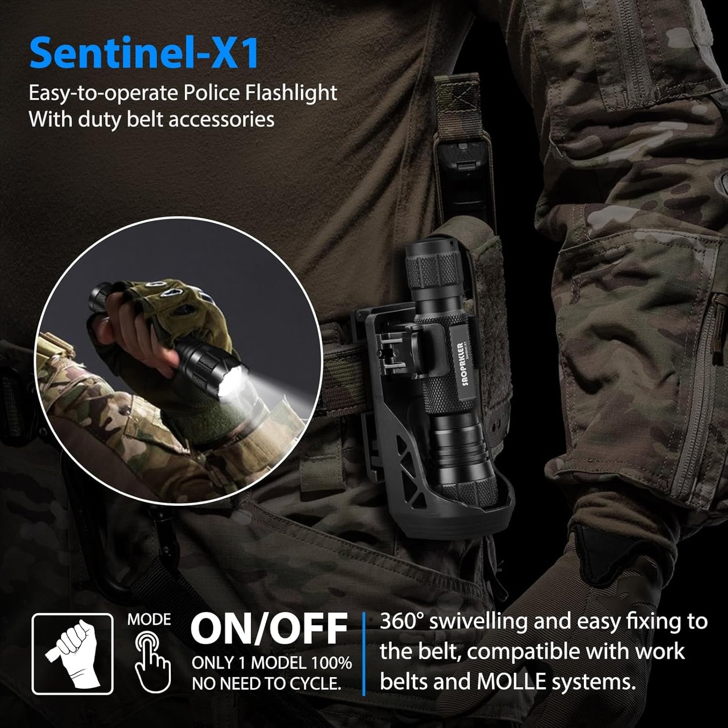 Tactical Flashlights High Lumen-Police 1200 LM Flashlight with Holster for Duty Belt,Single Mode LED Flashlight for Camping/Law Enforcement-Sentinel-X1