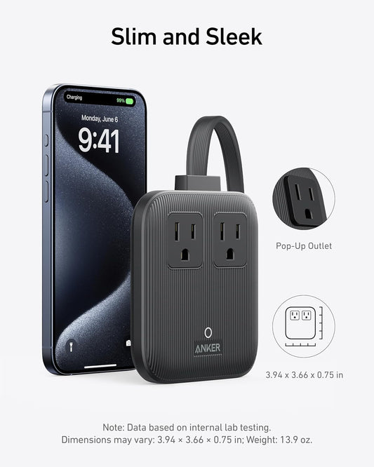 Anker Travel Power Strip, Anker Nano 67W Max 6-in-1 USB C Charger, 2 AC, 2 USB A and 2 USB C, 5ft Thin Undetachable Flat Plug Extension Cord with Multiple Outlets, Travel Essentials, Cruise Essentials