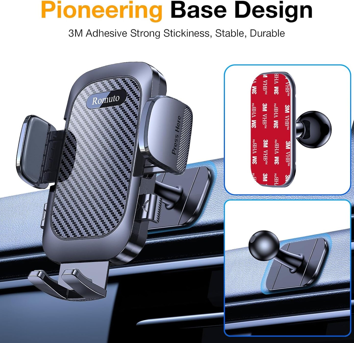 Romuto Phone Holders for Your Car Phone Holder Mount【Super Suction】 Cell Phone Mount for Car Accessories for Women Men Dashboard/Windshield/Vent Truck Stand Camera Mounts for iPhone Samsung