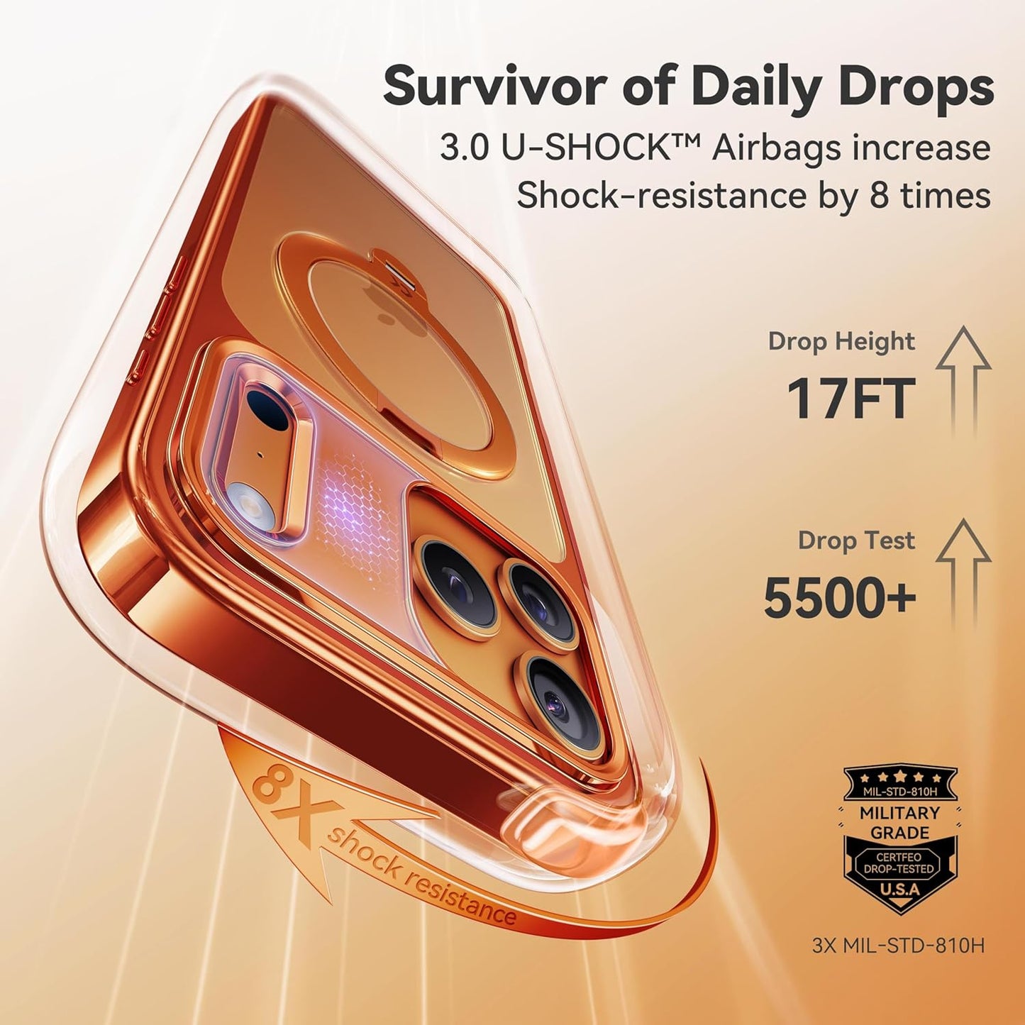 CASEKOO 360 Spin Magnetic Stand for iPhone 17 Pro Max Case [Fit for MagSafe][17FT Military Protection] Slim Hand-Polished Frame Titanium Alloy Sturdy Stand 6.9", Glossy Cosmic Orange