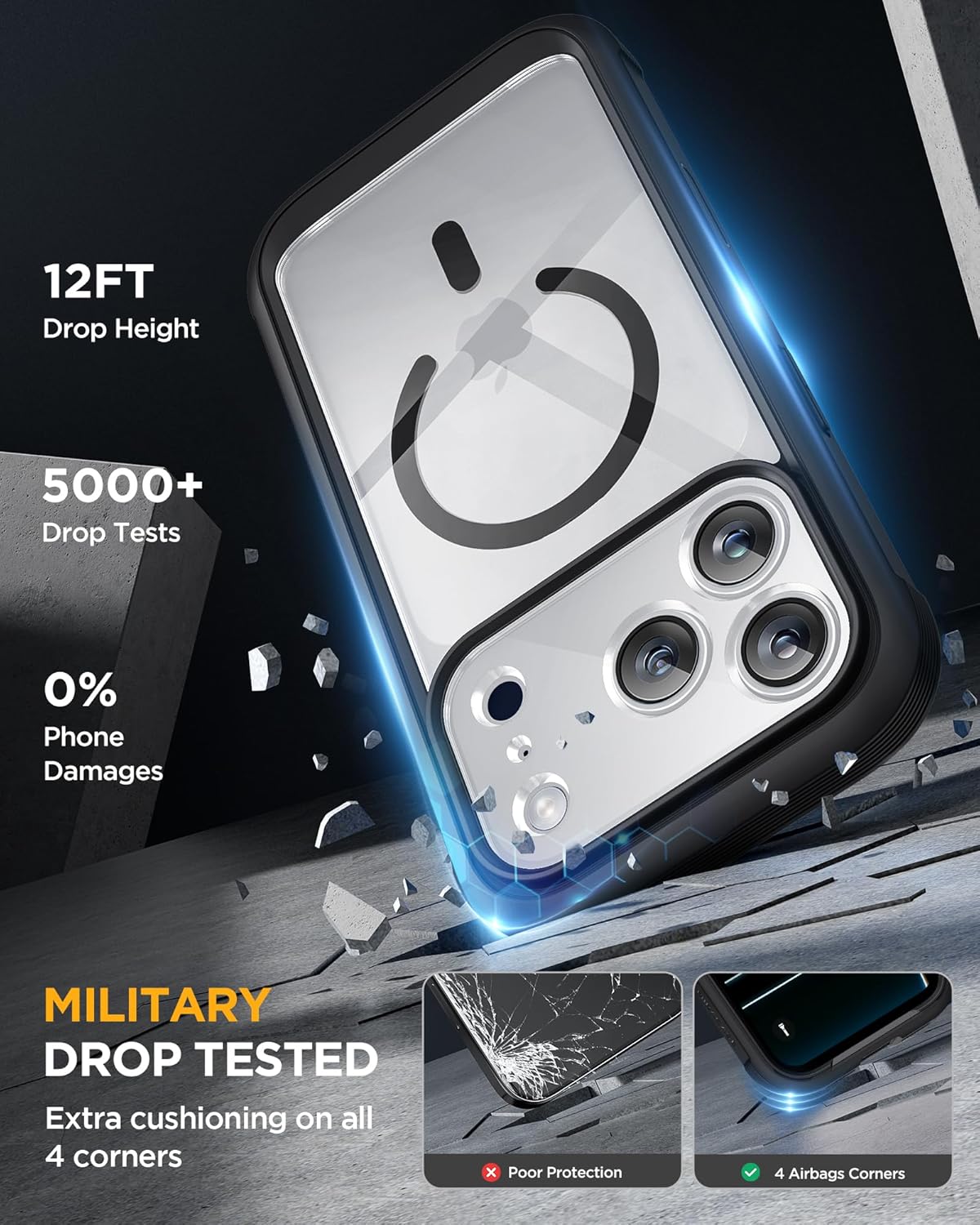 Miracase for iPhone 17 Pro Case 6.3", Full-Body Bumper Military Drop Protection Outdoor Phone Case with Built-in Glass Screen & Full Camera Protector,Camera Control,Compatible with MagSafe,Black