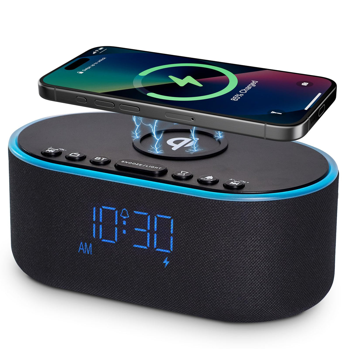Odokee Wireless Charging Alarm Clock Radio: Qi Certified Fast Wireless Charger for iPhone Samsung - 10W Stereo Bluetooth Speaker - Dimmable Digital Clock with FM Radio for Bedroom Black