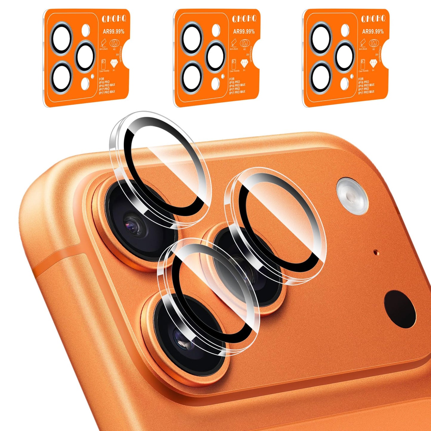 QHOHQ 3 Set Camera Lens Protector for iPhone 17 Pro Max/17 Pro/16 Pro Max/16 Pro/15 Pro Max/15 Pro, Individual Anti Shatter Lens Protector,[15FT Military Grade Protection],1-Second Auto-Install- Clear