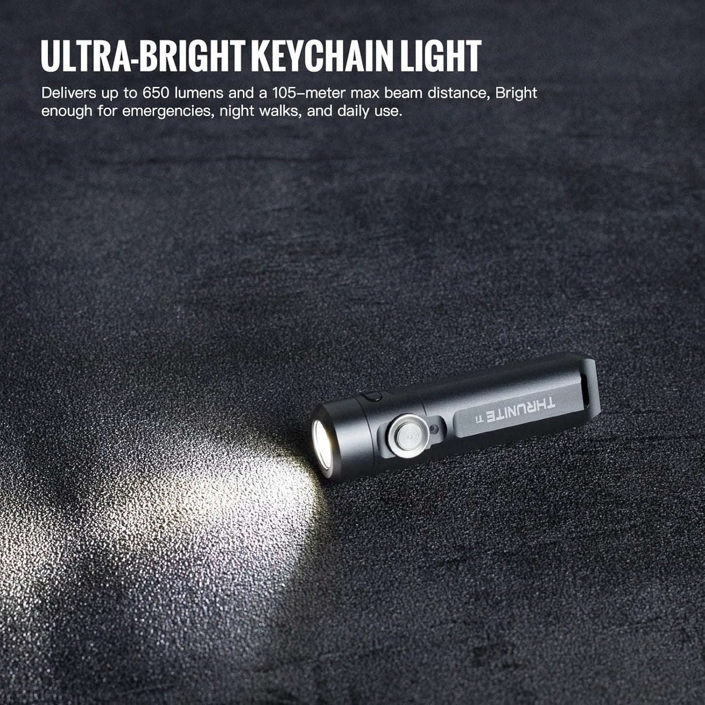 ThruNite Ti Mini Keychain Flashlight, USB-C Rechargeable EDC Pocket Light, Bright 650 Lumens Small Keychain Gadget for Camping, Everyday Carry, Indoor Outdoor Use (Grey Cool White)