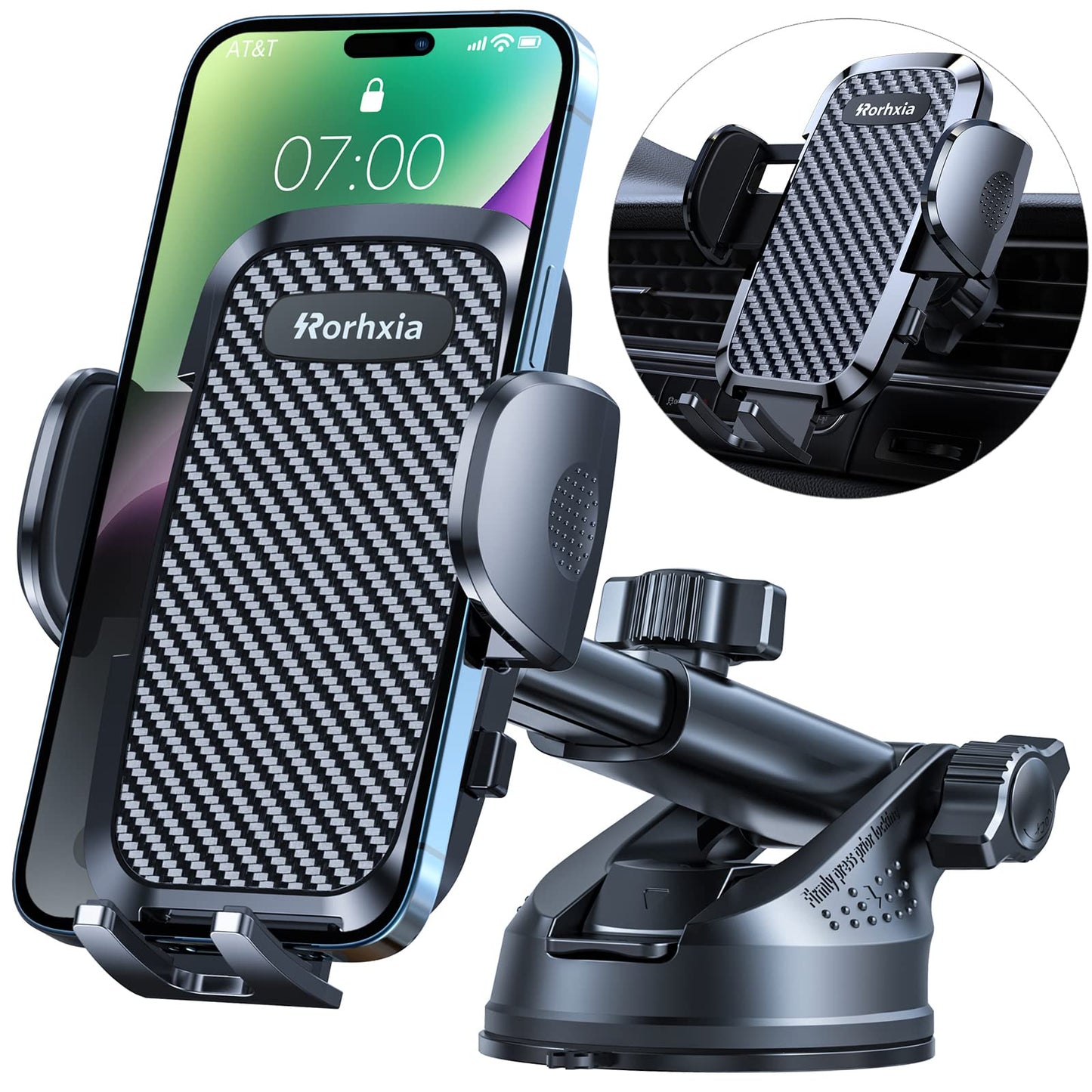 Rorhxia 3-in-1 Phone Mount for Car [2025 Most Stable and Flexible Suction Cup] Vent Dashboard Windshield Cell Phone Holder Car Fit for iPhone, Samsung, All Phone