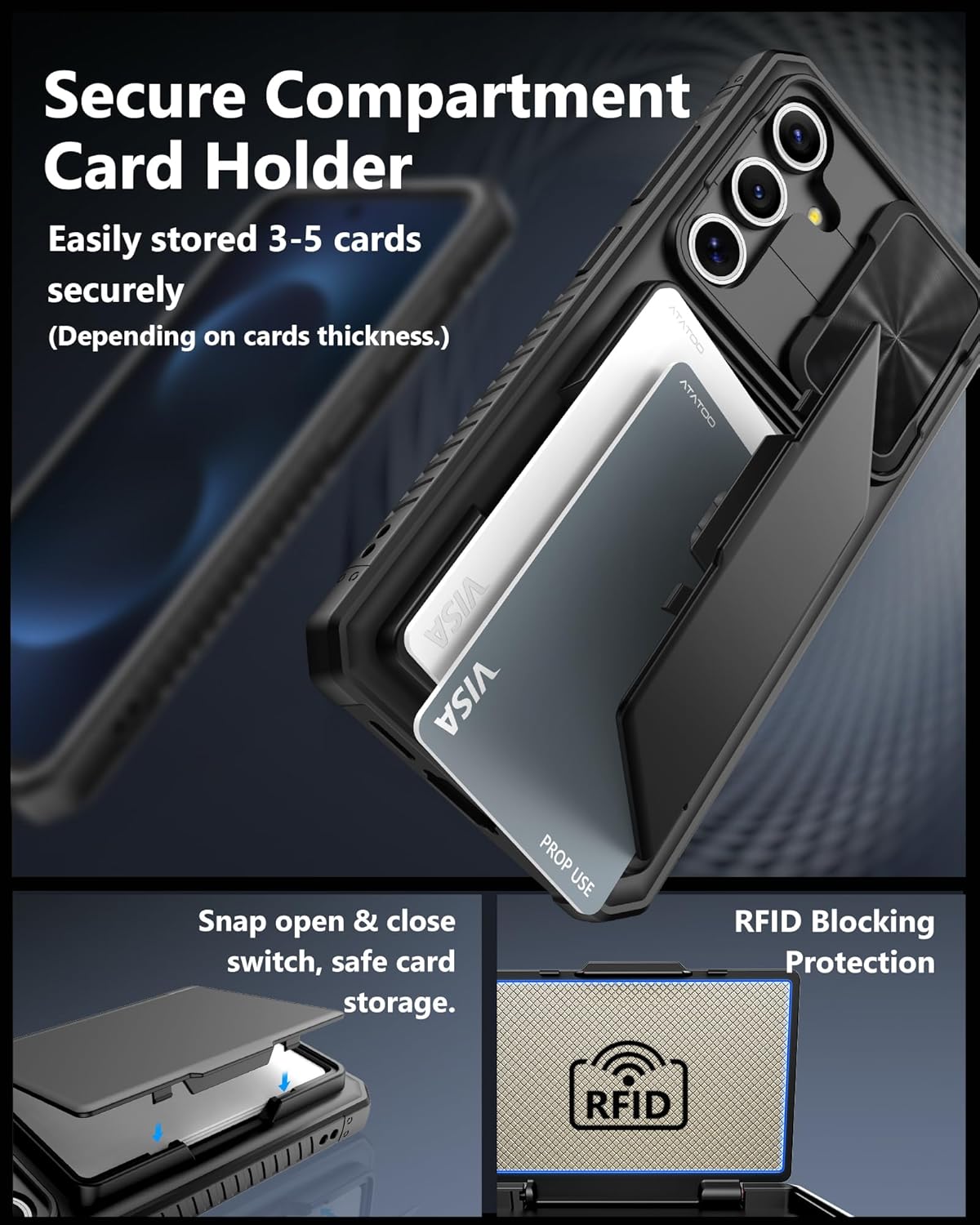 ATATOO for Samsung Galaxy S25 FE Case Wallet, Built-in Card Holder (3-5 Cards) [RFID Blocking] & Slide Camera Cover, Military Grade Protection, Rugged Phone Case for Galaxy S25 FE 6.7" 2025, Black