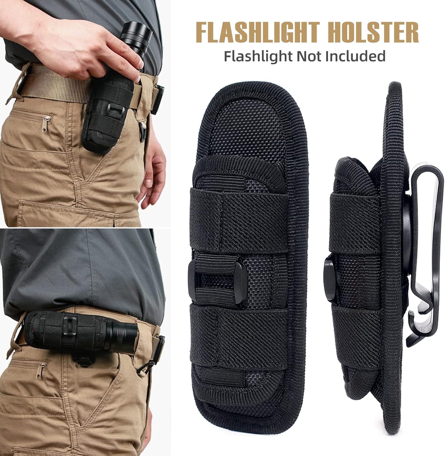 LIVANS Tactical Flashlight Pouch Holster, Rotatable Flashlight Holder Belt Clip Tactical Torch Carry Case with 360 Degree Carabiner Reel Clip