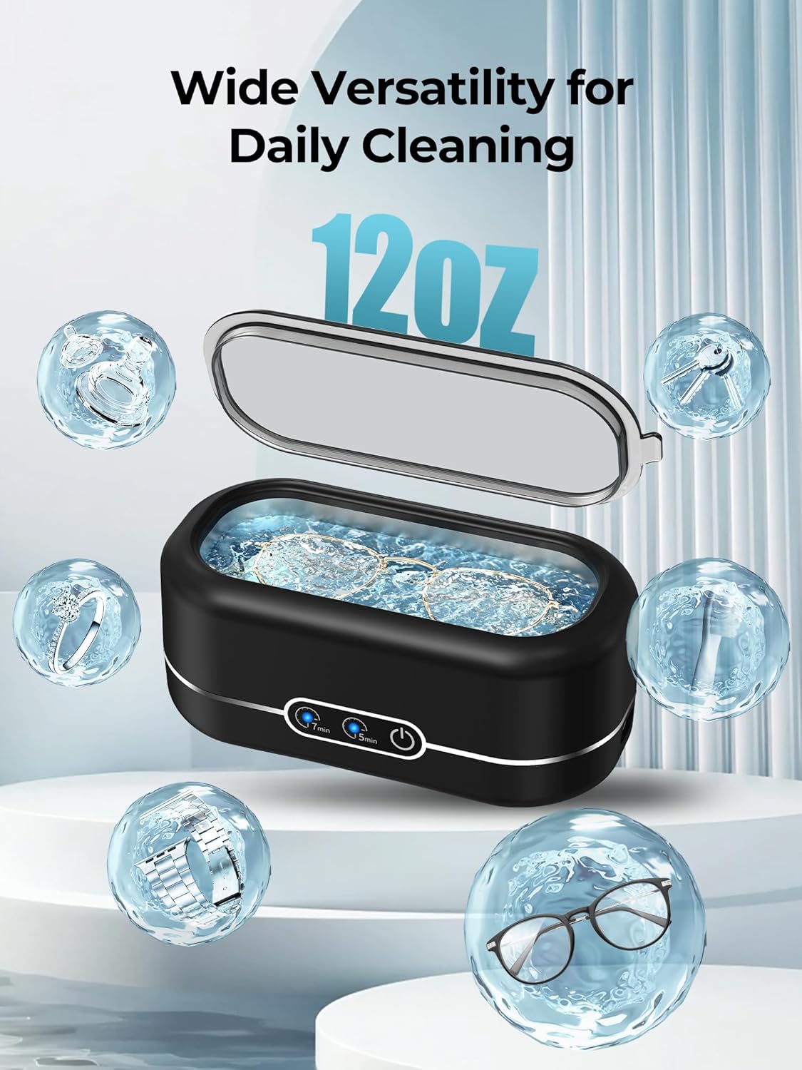 Ultrasonic Jewelry Cleaner, 48KHz Jewelry Ultrasonic Cleaner Machine for All Jewelry, Glasses, Rings, Retainers, Watch Strap, Dentures, 304 Stainless Steel 12oz Cleaning Pod - Black