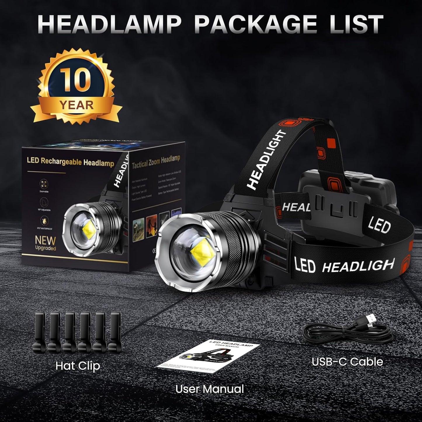 AKNEAR LED Rechargeable Headlamp 99000 High Lumens, 95 Hours Endurance Head Lamp with Zoomable & 12 Modes & IPX7 Waterproof & 125° Adjustable, Super Bright Head Light for Outdoor, Camping, Hard Hat