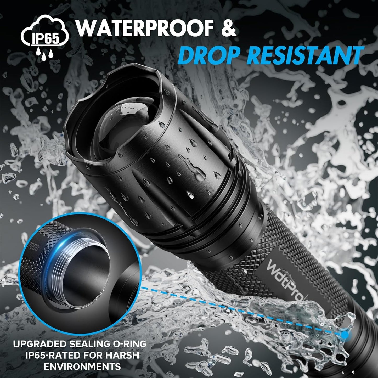WdtPro LED Flashlight High Lumens SR2000 Pro, 2 Pack Brighter Tactical Flashlights with 5 Modes & Zoomable, Powerful Mini Flash Light for Emergency, Camping, Hiking (Black)