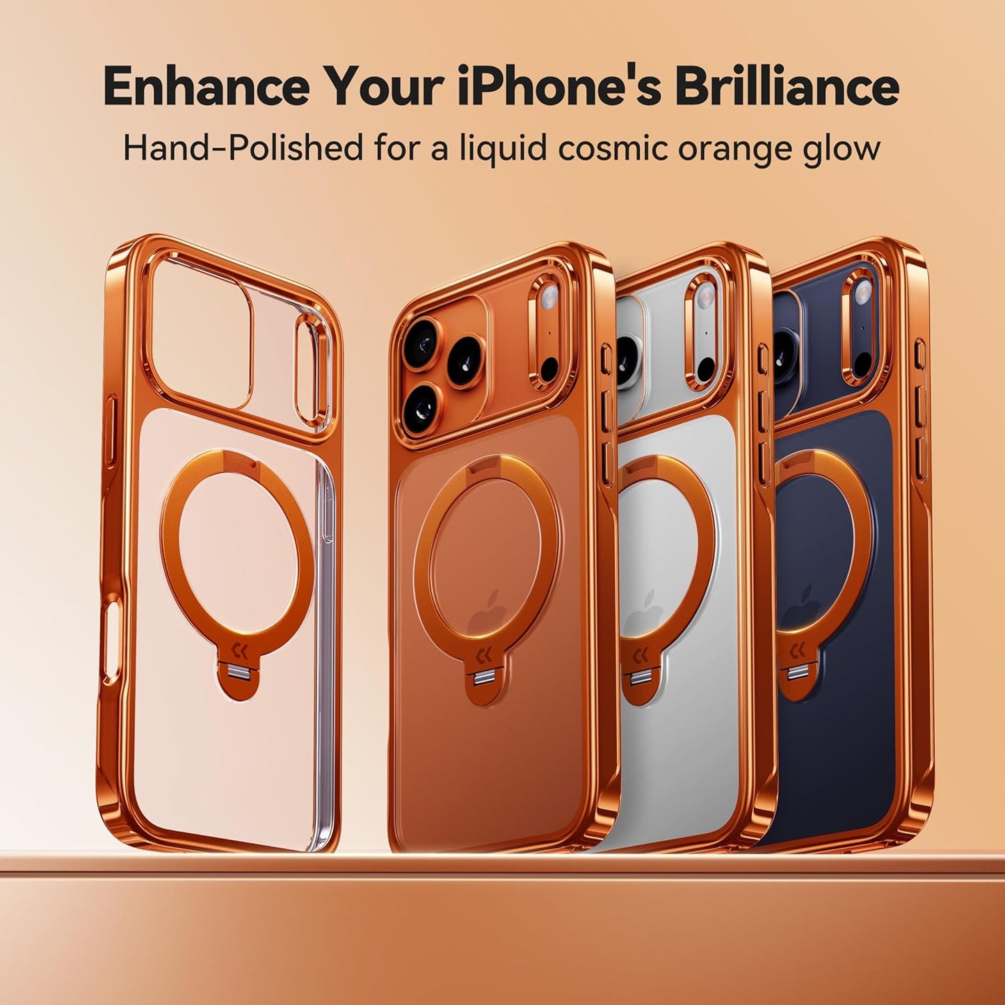 CASEKOO 360 Spin Magnetic Stand for iPhone 17 Pro Max Case [Fit for MagSafe][17FT Military Protection] Slim Hand-Polished Frame Titanium Alloy Sturdy Stand 6.9", Glossy Cosmic Orange