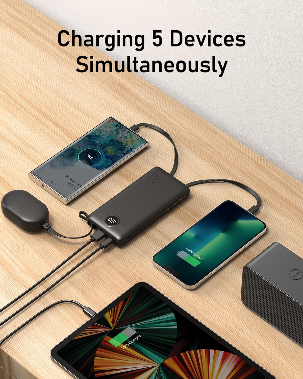VEEKTOMX 10000mAh Portable Charger with 4 Built-in Cables | Slim Power Bank, USB-C Battery Pack with iPhone & Micro USB, TSA Approved Travel Charger for iPhone, Samsung, Android, Black