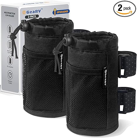 GEARV 2Pack Cup Holder for Bike, Scooter and Wheelchair, Water Bottle Holder for UTV/ATV, Walker, Golf Cart and Beach, Universal Drink Holder Accessories with Net Pocket and Cord Lock (Black)