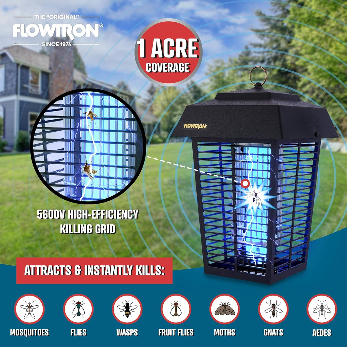 Flowtron Bug Zapper, 1 Acre of Outdoor Coverage with Powerful 40W Bulb & 5600V Instant Killing Grid, Electric Insect, Fly & Mosquito Zapper, Made in The USA