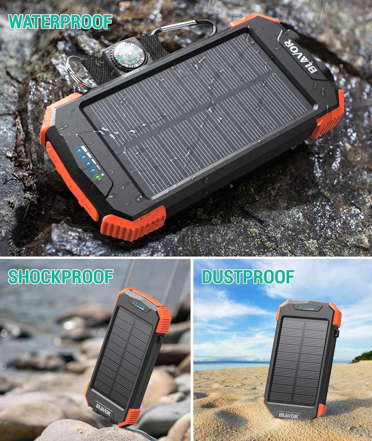 BLAVOR Solar Power Bank 10,000mAh – Wireless Portable Charger, 20W Fast Charging, USB-C Battery Pack with Dual Flashlight