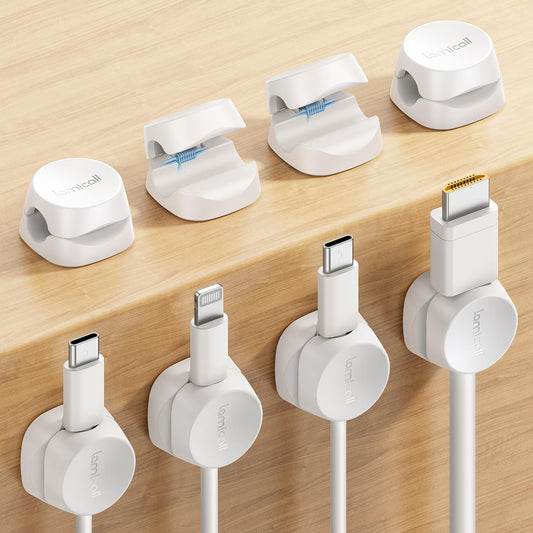 8Pack Cord Organizer, 1s Lock, Spring Cable Management Clips - Lamicall Desk Cord Holder, Adhesive Cute Round Cable Clip (White)