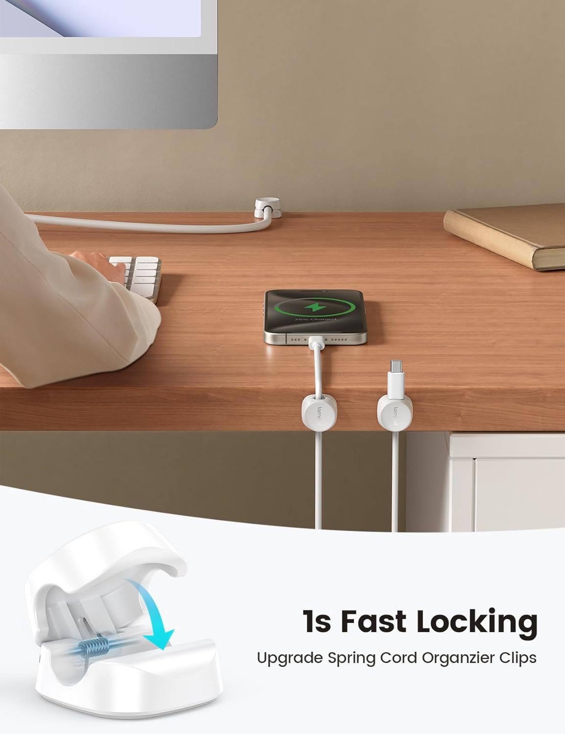 8Pack Cord Organizer, 1s Lock, Spring Cable Management Clips - Lamicall Desk Cord Holder, Adhesive Cute Round Cable Clip (White)