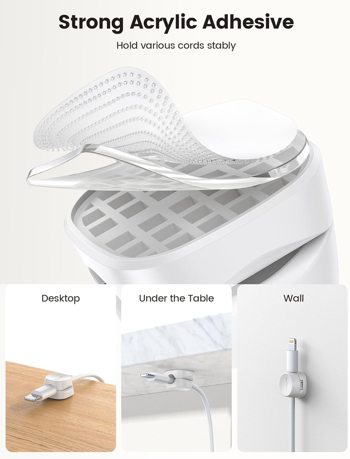8Pack Cord Organizer, 1s Lock, Spring Cable Management Clips - Lamicall Desk Cord Holder, Adhesive Cute Round Cable Clip (White)