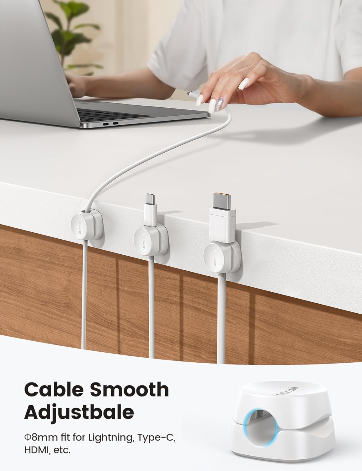 8Pack Cord Organizer, 1s Lock, Spring Cable Management Clips - Lamicall Desk Cord Holder, Adhesive Cute Round Cable Clip (White)