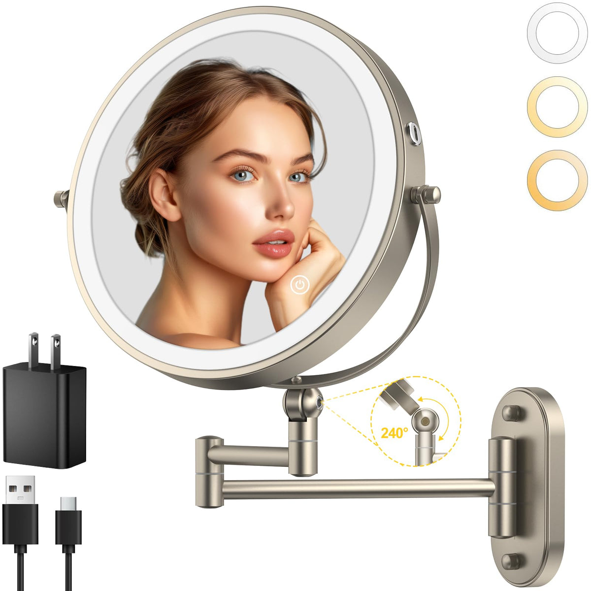 9" Wall Mounted Lighted Makeup Mirror, 4000mAh Rechargeable Double Sided 1X/10X Magnifying Mirror with Light, 3 Color Lights, Touch Dimmable