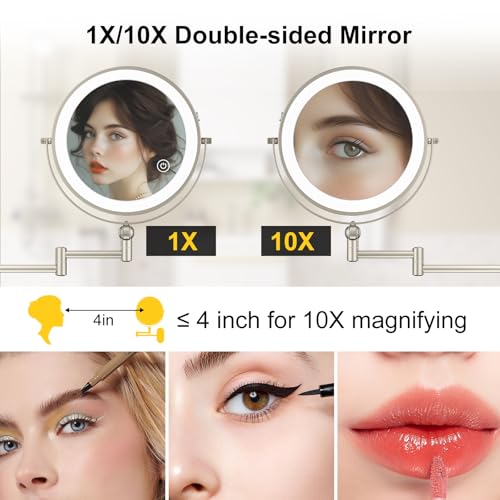 9" Wall Mounted Lighted Makeup Mirror, 4000mAh Rechargeable Double Sided 1X/10X Magnifying Mirror with Light, 3 Color Lights, Touch Dimmable