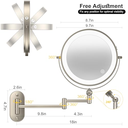 9" Wall Mounted Lighted Makeup Mirror, 4000mAh Rechargeable Double Sided 1X/10X Magnifying Mirror with Light, 3 Color Lights, Touch Dimmable