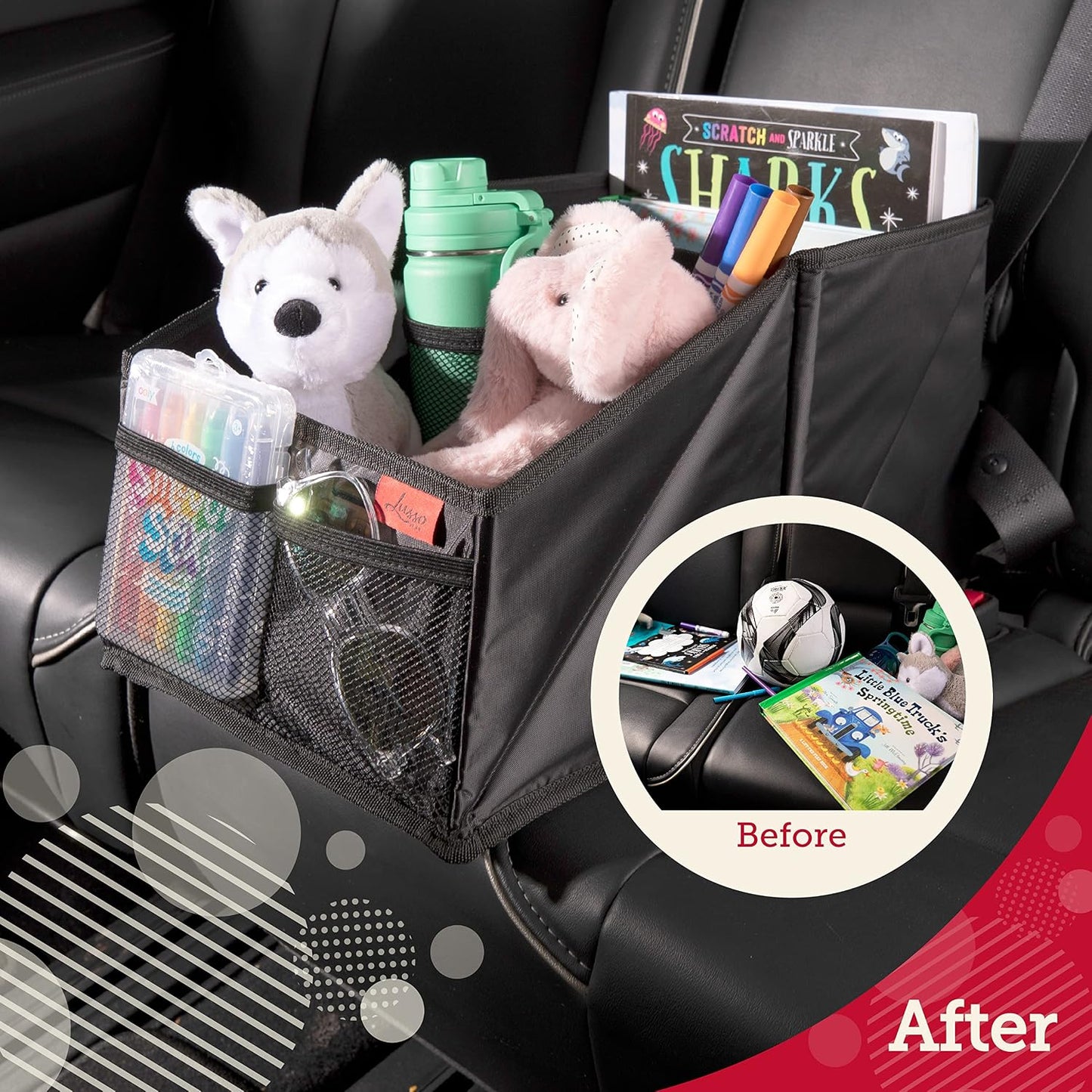 Lusso Gear Car Seat Organizer - Built-In Car Cup Holders & Mesh Pockets - Foldable Back Seat Organizer with Handles - Kids Road Trip Essentials - 9 Compartments, Black Oxford