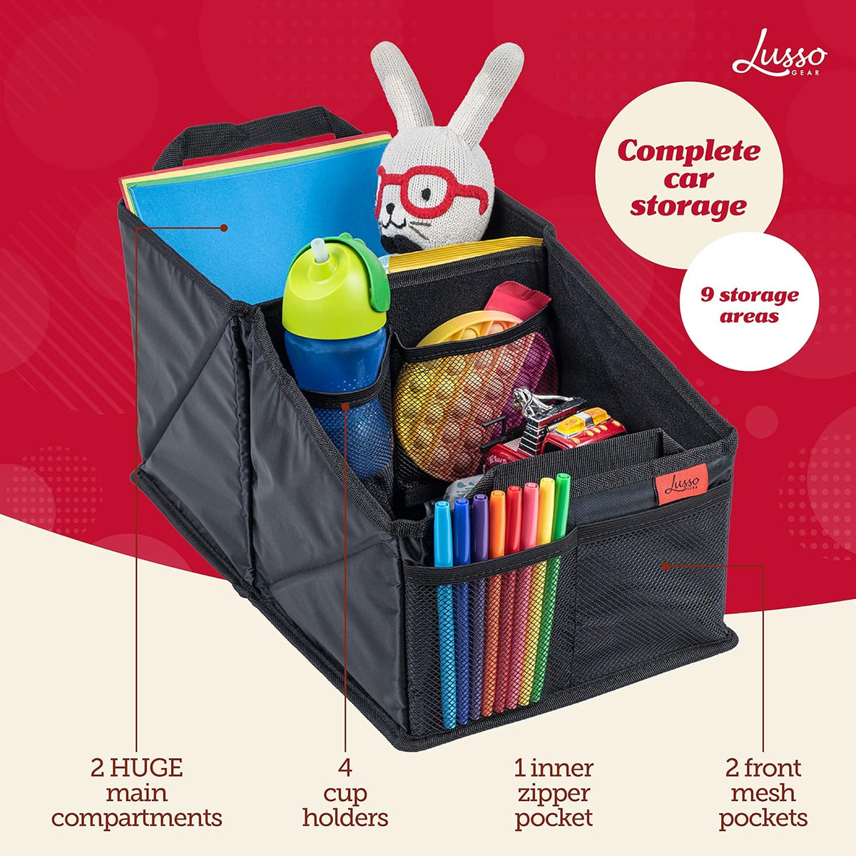 Lusso Gear Car Seat Organizer - Built-In Car Cup Holders & Mesh Pockets - Foldable Back Seat Organizer with Handles - Kids Road Trip Essentials - 9 Compartments, Black Oxford