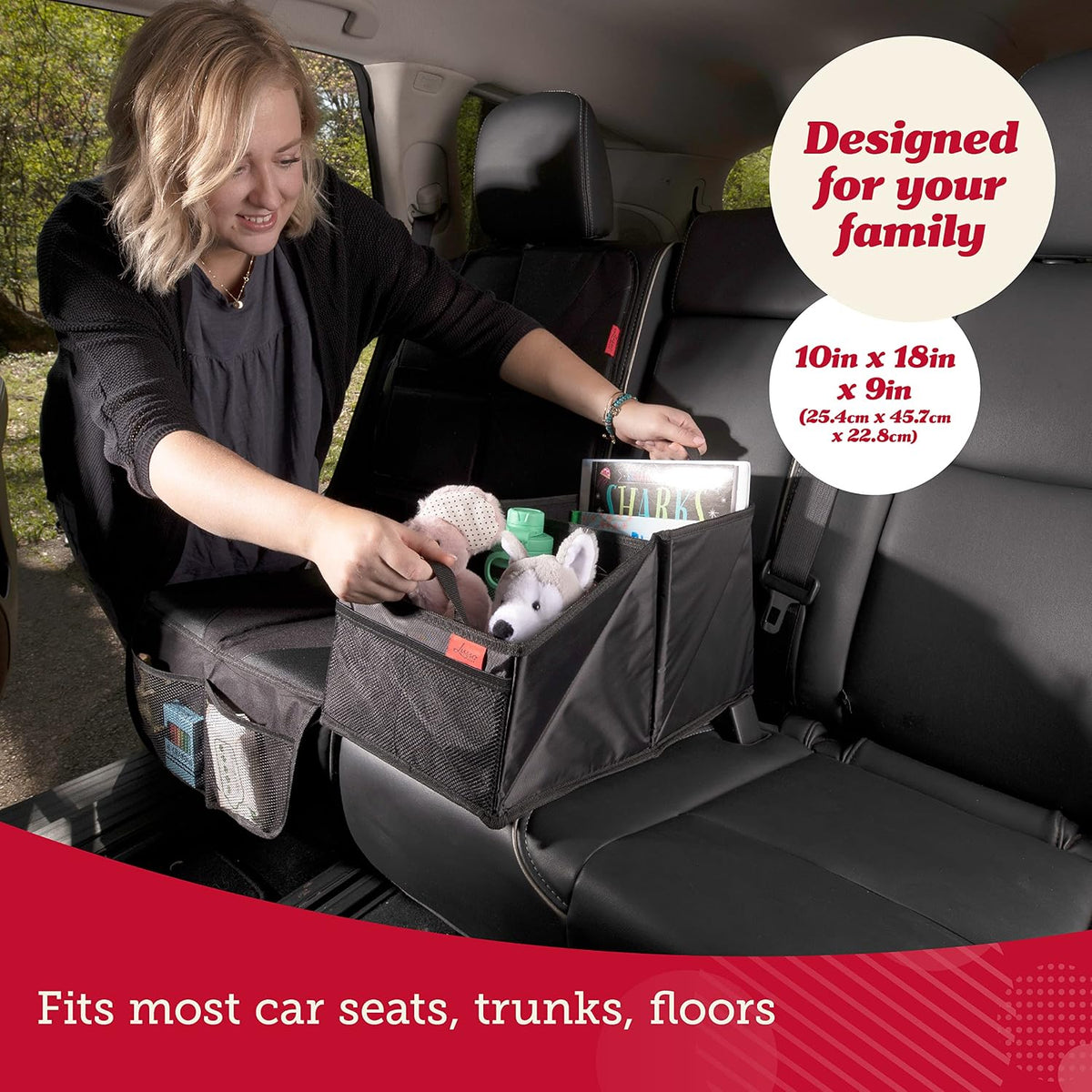 Lusso Gear Car Seat Organizer - Built-In Car Cup Holders & Mesh Pockets - Foldable Back Seat Organizer with Handles - Kids Road Trip Essentials - 9 Compartments, Black Oxford