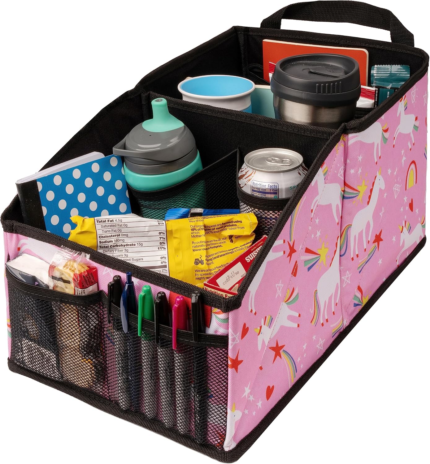 Lusso Gear Car Seat Organizer - Built-In Car Cup Holders & Mesh Pockets - Foldable Back Seat Organizer with Handles - Kids Road Trip Essentials - 9 Compartments, Black Oxford
