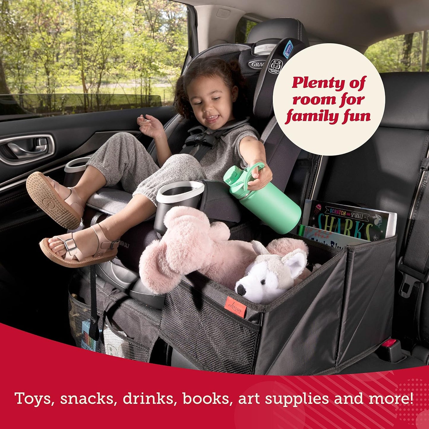 Lusso Gear Car Seat Organizer - Built-In Car Cup Holders & Mesh Pockets - Foldable Back Seat Organizer with Handles - Kids Road Trip Essentials - 9 Compartments, Black Oxford