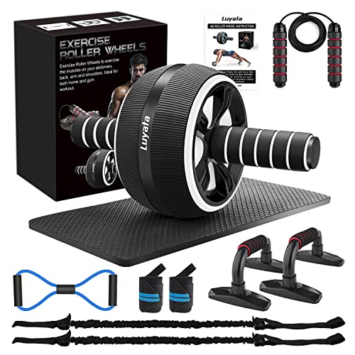Ab Roller Wheel, 10-In-1 Ab Exercise Wheels Kit with Resistance Bands, Knee Mat, Jump Rope, Push-Up Bar - Home Gym Equipment